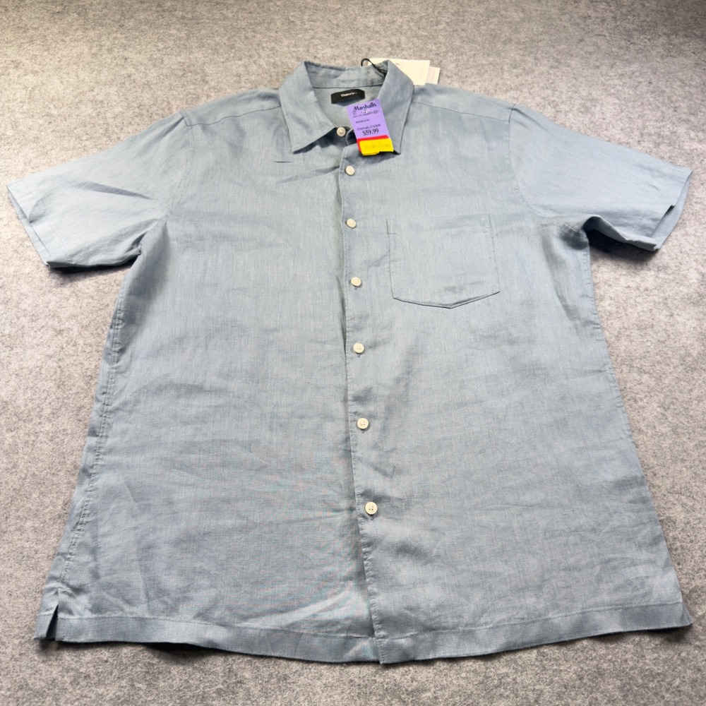 Theory Button Up Shirt Mens L Blue New Short Sleeve Linen Blend Pocket
